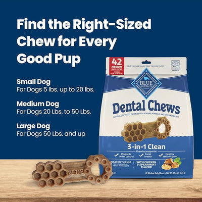 Blue Buffalo Natural Dental Chews for Medium Dogs 20-50 lbs., Chicken & Spearmint, Daily Teeth Cleaning Dog Treats, Enhanced with Vitamins & Minerals, 34.5-oz. Bag (42 Treat Count)