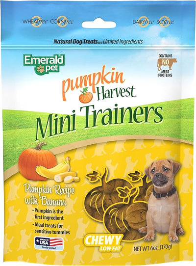 Emerald Pet Pumpkin Harvest Mini Trainers Dog Treats, Banana Flavor, 6 oz – Soft Chewy Low-Fat Training Treats with Real Pumpkin for Digestive Health – Natural, Wheat-Free, Meat-Free, Made in USA