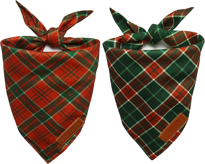 Realeaf Christmas Dog Bandanas 2 Packs, Reversible Red Green Plaid Dog Scarf, Xmas Pet Bandana for Boy and Girl, Premium Durable Fabric, Holiday Check Bandana for Small and Medium Dogs Pets (Small)