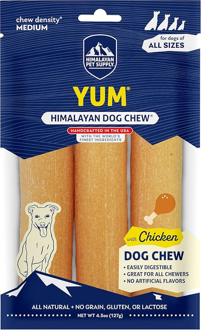 Himalayan Dog Chew Yak Cheese Dog Chews, Lactose Free & Grain Free, USA Made, for All Dog Breeds, Medium Density Cheese Chew, Resealable Pouch with 3 YUM Treats, Chicken Flavor