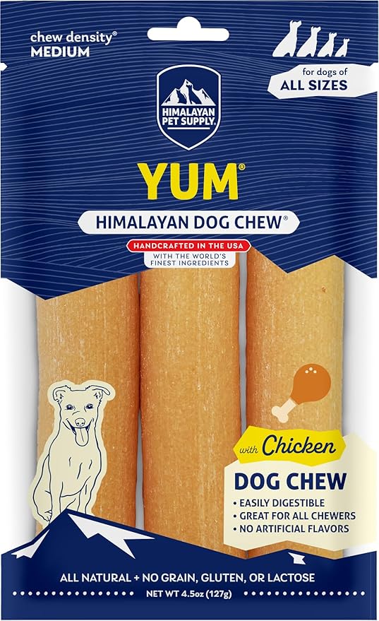 Himalayan Dog Chew Yak Cheese Dog Chews, Lactose Free & Grain Free, USA Made, for All Dog Breeds, Medium Density Cheese Chew, Resealable Pouch with 3 YUM Treats, Chicken Flavor