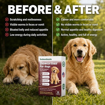 Dewormer for Dogs, Fenbendazole for All Wormers, Hookworms, Tapeworms, Whipworms and Roundworms, 12 Count