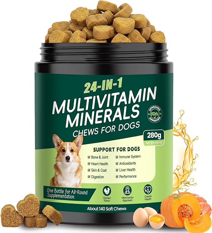 24-in-1 Dog Vitamins and Supplements, Dog Multivitamin Chewable for All Dog | Chondroitin Probiotics Omega-3 Glucosamine for Skin Coat Hip Joint Heart Gut Liver Brain Eye Immune Health,140 Chews Chicken