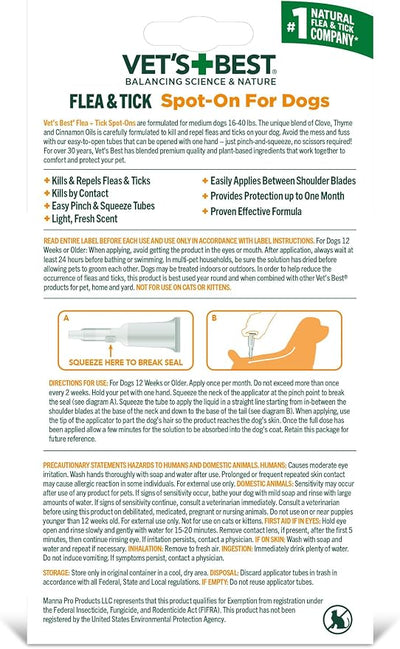 Vet’s Best Botanical Flea and Tick Drops for Medium Dogs, Plant-Based Spot-On Treatment with Certified Essential Oils, Topical Flea and Tick Prevention and Control, Botanical Pest Care, 4 Month Supply