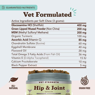 Natural Dog Company Vet Strength Hip & Joint Chews for Senior Dogs (90ct) Joint & Flexibility Support, Arthritis Relief for Senior Dogs, 1.3X Glucosamine, 2X Green Lipped Mussel & MSM for Dog Mobility