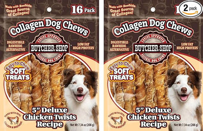 Butcher Shop Collagen Dog Chews 5” Deluxe Chicken Twists Dog Treats (2 Pack - 7.34 oz per Pack)