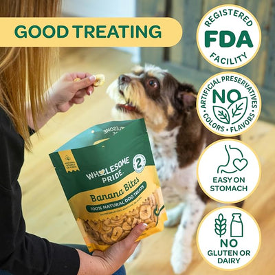 Wholesome Pride Banana Bites Dog Treats – 2-Ingredient Banana Chips for Dogs, Grain-Free, Banana & Coconut Oil, 8 oz