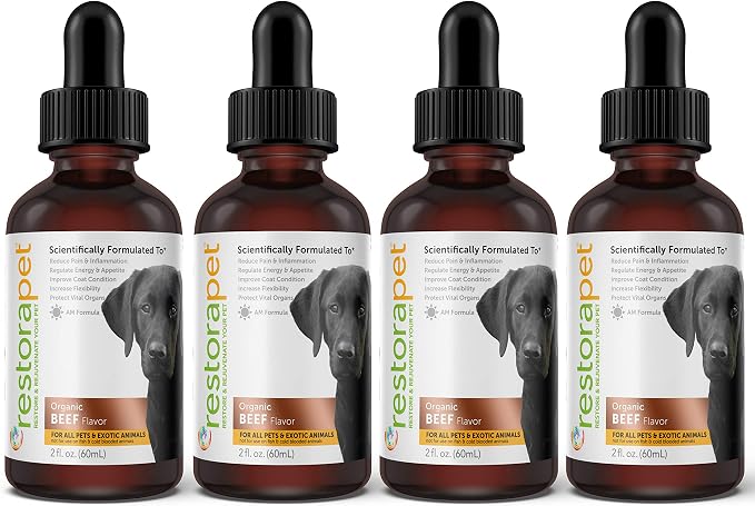 RestoraPet 4-Pack Dog & Cat Beef Liquid Multivitamin | Senior Pet Support | Hip & Joint Vitamins for Dogs - Anti Inflammatory Supplement for Dogs & Cats | Plant-Based & Non-GMO, Vet Approved