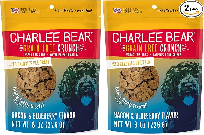 Charlee Bear Crunch Grain Free Dog Treats, Bacon and Blueberry, 8 Ounce Resealable Bag, Low Calorie Training Treats for Dogs, Limited Ingredient, Healthy, Crunchy Dog Snacks, Made in USA (Pack of 2)