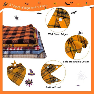 Plaid Dog Bandana - Spider and Witch Hat Embroidery Patches- Adjustable Cute Triangular Scarf for Pets, Boys and Girls Pet Scarf,Large