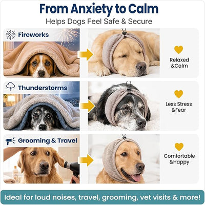 Swooflia Dog Ear Muffs Cover - Dog Cat Ears Muffs for Bath Noise Protection Calming Cold Weather Anxiety Relief, Khaki Medium Adjustable Top for Grooming Bathing Fireworks and Travel M