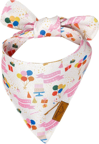 Remy+Roo Dog Bandanas - 2 Pack | Birthday Girl Dog Bandanas Set | Premium Durable Fabric | Patented Shape Bandanas for Dogs (Birthday Party, Rainbow Stripe, Large)