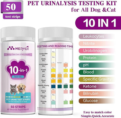Dog & Cat Urine Test Strips, 10 Way Pet Urinalysis Testing Kit for Ketone, Glucose, pH and Nitrite, Reagent Strips