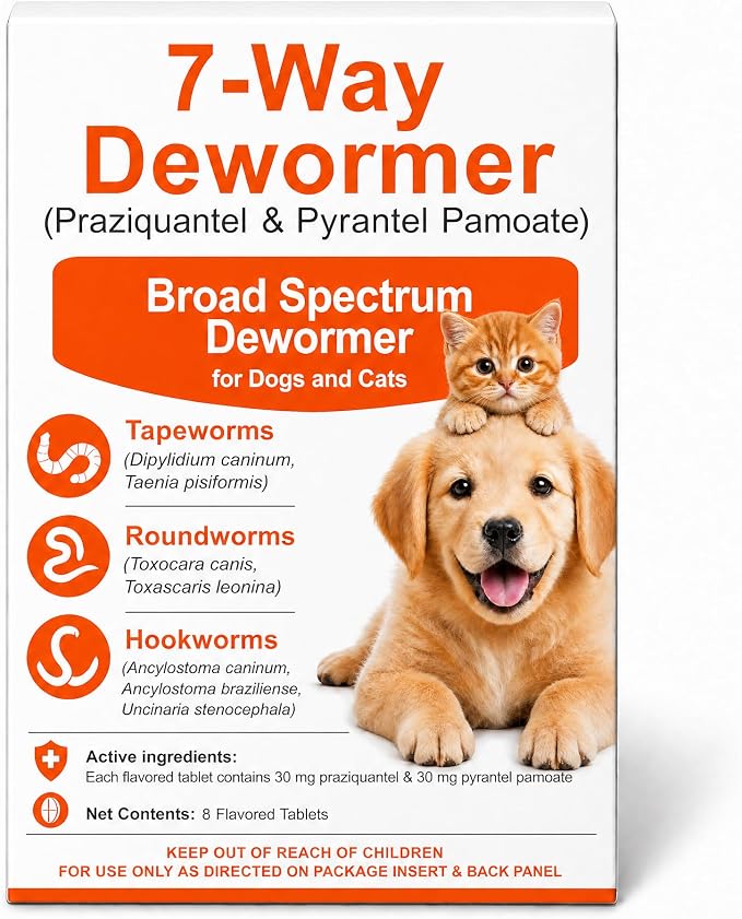 7 Way Dewormer for Dogs & Cats, Oral Treatment of Tapeworm, Roundworm & Hookworm, Dewormer for Large Dogs, Worm Remover (Praziquantel & Pyrantel Pamoate), 8 Tablets