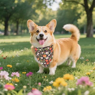 ADOGGYGO Floral Dog Bandana, Black Pink Flower Pet Scarf, Premium Durable Fabric, Cute Floral Bandanas for Small Dogs (Small)