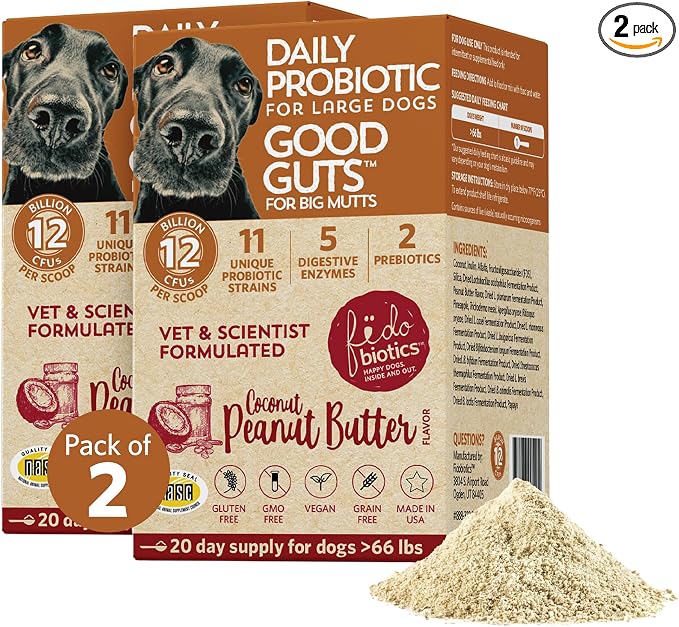 Fidobiotics Good Guts Probiotics for Dogs – Dog Probiotic Powder for Digestive Health, Gas Relief & Firmer Stools, 12B CFUs, Enzymes & Prebiotics, Large Dogs, Puppies & Adults, Pack of 2
