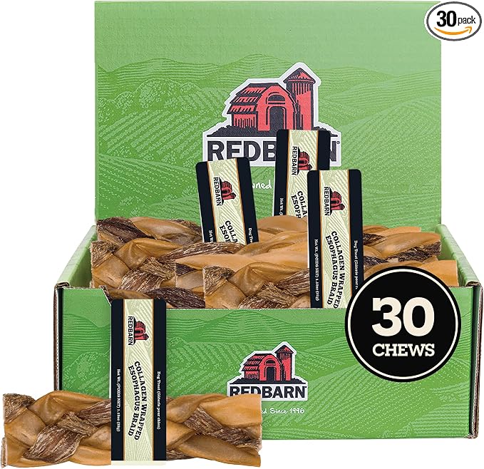 Redbarn Medium Braided Collagen-Wrapped Esophagus Dog Chews 30-Count Natural Grain-Free Gluten-Free Alternative to Traditional Rawhide Long Lasting Treats for Dogs