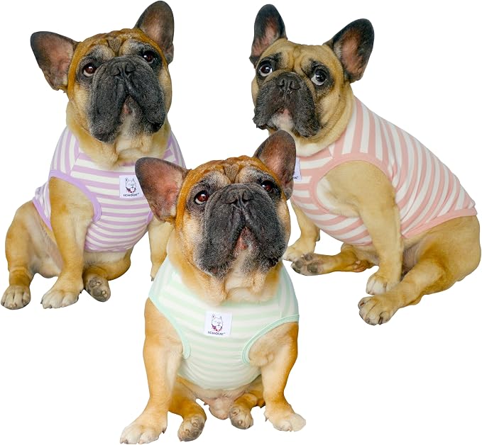 iChoue 3pcs French Bulldog Striped Shirts 100% Breathable Cotton Tank Tops Vests Clothes for Frenchie Dogs, Pink Purple Green Stripes, Medium