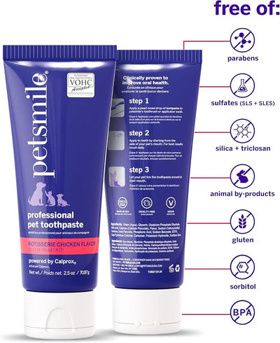 Petsmile Professional Pet Teeth Brushing Kit for Cats & Dogs - VOHC Accepted Toothpaste & Patented Toothbrush - Proven to Control Plaque & Tartar Calprox Formula (Rotisserie Chicken, 2.5 Oz)