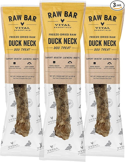 Vital Essentials Freeze-Dried Raw Duck Neck Dog Treat & Natural Chew, 3-Pack | Single Ingredient Dog Treat for Light Chewers | Made in USA