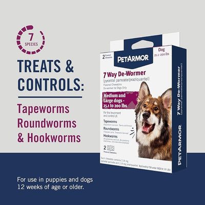 PetArmor 7 Way De-Wormer for Dogs, Oral Treatment for Tapeworm, Roundworm & Hookworm in Large Dogs & Puppies (Over 25 lbs), Worm Remover, Puppy Dewormer (Praziquantel & Pyrantel Pamoate), 2 Chewables