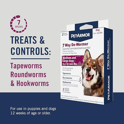 PetArmor 7 Way De-Wormer for Dogs, Oral Treatment for Tapeworm, Roundworm & Hookworm, Large Dog Dewormer (Over 25 lbs), Worm Remover (Praziquantel & Pyrantel Pamoate), 6 Flavored Chewables