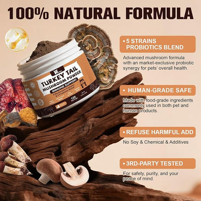 Mushroom Supplement with Probiotics for Dogs & Cats, Turkey Tail Mushroom for Pets - Mushroom Powder for Immune Boost & Overall Health- Partner Guard for Dogs Lumps and Bumps