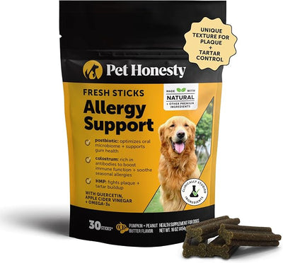 Dog Allergy Relief Dental Sticks - Seasonal Allergies + Itchy Skin Support Chews - Plaque and Tartar Remover for Dogs Teeth Cleaning Treats with Colostrum + Omega 3 - Pumpkin Peanut Butter (30 Ct)