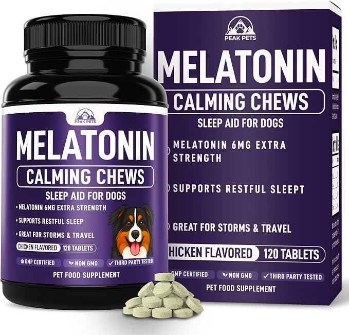 Melatonin for Dogs to Sleep (6mg Dog Sleep Aid) Dog Melatonin for Large Dogs - Help Reduce Stress from Storms, Separation & Anxiety - Puppy Calming Chews - 3rd Party Tested, 120 Chicken Flavor Tablets