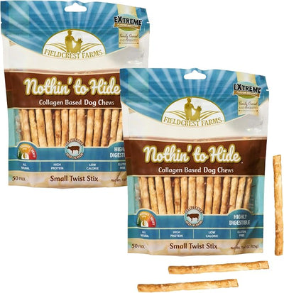 Fieldcrest Farms Nothin' to Hide Twist Stix, Beef Flavor, Easily Digestible Dog Chews, Supports Skin, Coat, Joints & Muscles, for Moderate Chewers Under 15 lbs, 100 Total Pieces