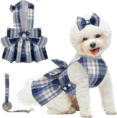 Coppthinktu Plaid Dog Dresses for Small Dogs Girl Bowknot Harness Leash Set, Cute Small Dog Dress Harness Cat Clothes Female with Pearl Bow Hair Clip, Summer Puppy Dress Yorkies Chihuahua Outfits