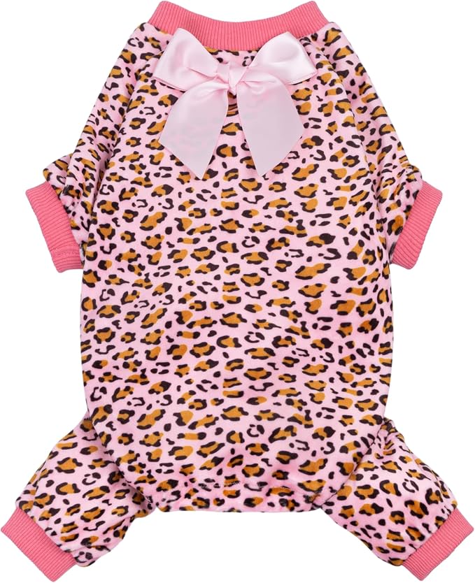 Fitwarm Leopard Dog Pajamas, Fleece Dog Clothes for Small Dogs Girl with Legs, Pet Onesie, Cat Outfit, Pink, XL
