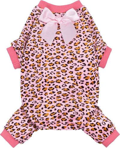 Fitwarm Leopard Dog Pajamas, Fleece Dog Clothes for Small Dogs Girl with Legs, Pet Onesie, Cat Outfit, Pink, Large