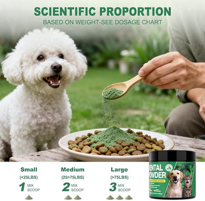 Dog Dental Powder for Teeth Cleaning - Fresh Mint Breath Freshener & Teeth Cleaner - Plaque & Tartar Remover Food Topper - No Brushing Oral Care Support for Bad Breath Control (150g)