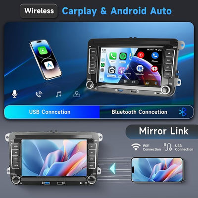 8Core 6G 128G Android Car Stereo for VW Passat Golf MK5 MK6 Jetta T5 EOS Polo Touran Seat Sharan Wireless Carplay Android Auto, 7'' Touchscreen Stereo with GPS Bluetooth WiFi FM/RDS DSP Rear Camera