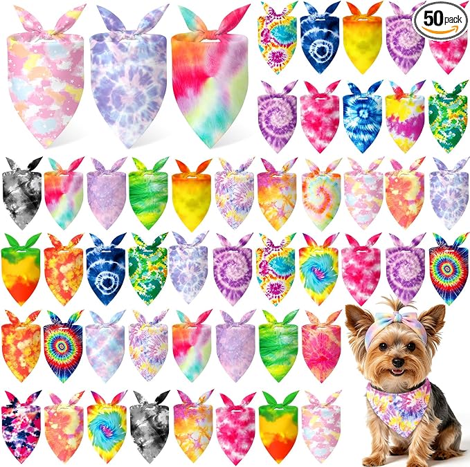 Abbylike 50 Pieces Tie Dye Dog Bandanas Bulk Colorful Hippie Pattern Dog Bandanas for Dogs Triangle Kerchief Scarf Bibs Set for Pets Summer Party Costume Accessories, 25 Styles (19.7 x 13.8 x 13.8)