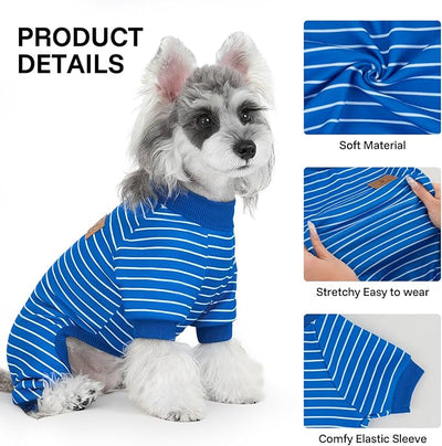 XPUDAC 4 Pack Dog Pajamas Striped Dog Clothes for Small Medium Dogs Girl Boy Comfy Puppy Outfit Doggy Jammies Onesie Pet Costume, Blue, Grey, Green, S