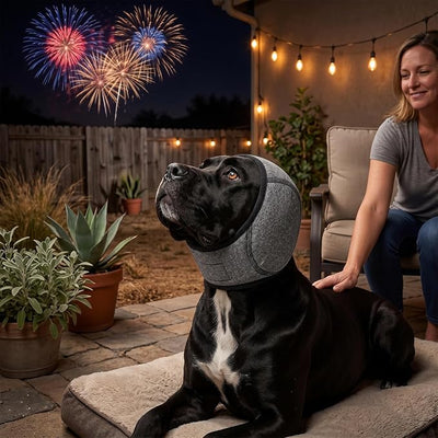 Grey Dog Ear Muffs for Noise Protection & Bath – No Shake Elastic Ear Wrap for Hematoma, Waterproof Calming Hoodie for Anxiety Relief & Blow Drying