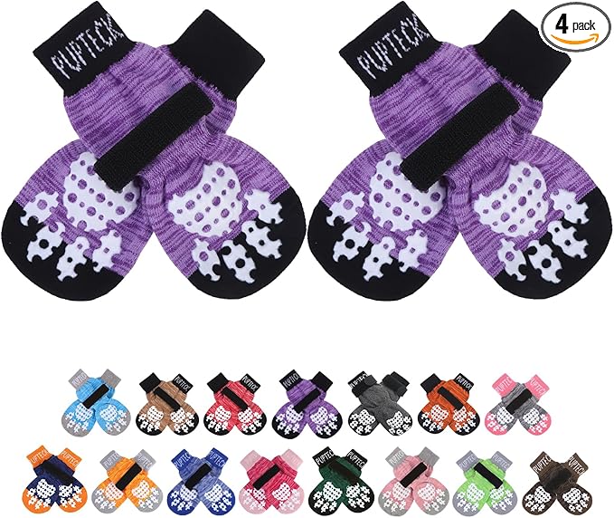 PUPTECK Anti-Slip Dog Socks with Double Sides Grips for Small Medium Large Dogs Hardwood Floors Prevents Licking, Dog Shoes for Hot Pavement Traction Control Paw Protector for Senior Dogs, Purple S
