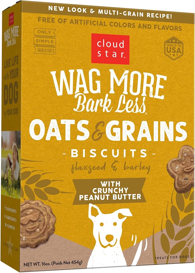 Cloud Star Wag More Bark Less - Dog Treats - Crunchy Biscuits - Oats & Grains Peanut Butter - 16 oz Box