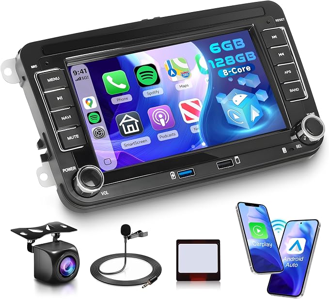 8Core 6G 128G Android Car Stereo for VW Passat Golf MK5 MK6 Jetta T5 EOS Polo Touran Seat Sharan Wireless Carplay Android Auto, 7'' Touchscreen Stereo with GPS Bluetooth WiFi FM/RDS DSP Rear Camera