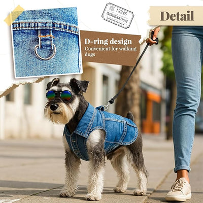 Cool Dog Jean Jacket Vest with D-Ring Blue Denim Dogs Outfits for Small Medium Dogs Cats Boy Male Dog Clothes Costume Dogggie Puppy Harness Coat for Frenchie Walking(Blue with D-Ring,L)