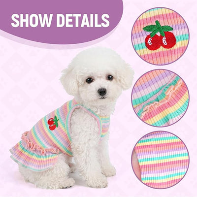 Jmkcoz Cute Striped Dog T Shirts Cherry Puppy Dress Soft Cotton Pet Sleeveless Vest Clothes Spring Summer Pet Outfits for Small Dogs Cats Girl (Pink, Medium)