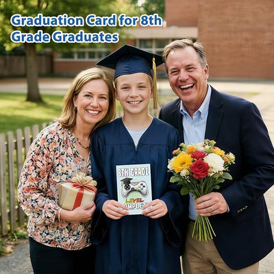 FLYAB 8th Grade Graduation Card for Boys - Funny Level Complete Design Middle School Graduation Card for Boys Best 8th Grade Graduation Gifts Gift with Gold Envelope & Sealing Sticker, 5.5 x 8 Inch