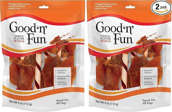 Good 'n' Fun Triple Flavor Wings Chews for All Dogs, 4 Ounces, Treat Your Dog to Long-Lasting Chews Made with Chicken, Beef Hide and Pork Hide (Pack of 2)