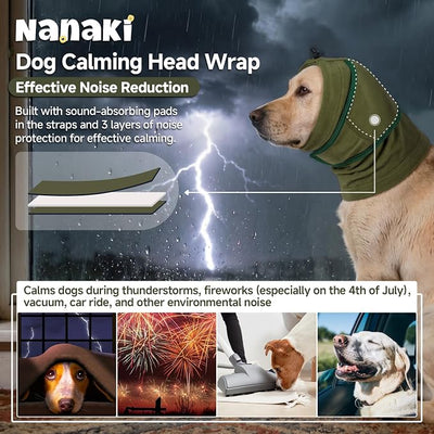 Nanaki Dog Calming Hoodie For Noise Protection, Firework, Thunderstorm, No Shake Ear Wraps For Dogs Anxiety Relief for Separation, Vet Visit, Dog Head Wrap For Ear Hematoma Prevent Scratching, Green,S