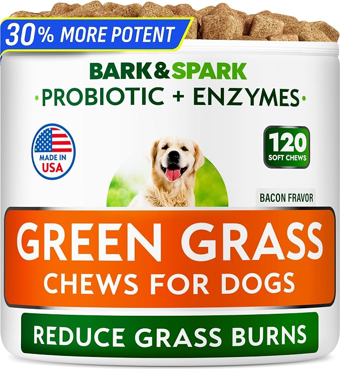 BARK&SPARK Green Grass Dog Chews – Dog Pee Grass & Urine Neutralizer for Lawn, Grass Burn Spot Chews with Probiotics & Enzymes, Helps Reduce Lawn Burn from Dog Urine (120 Soft Chews)