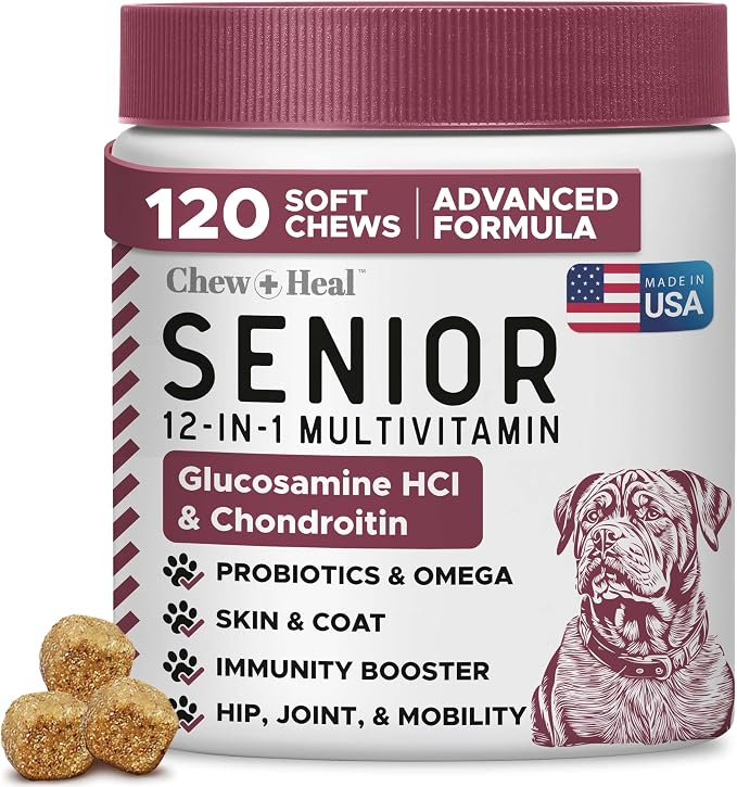 Senior Dog Vitamins and Supplements - 120 Soft Chew Multivitamin for Dogs | Hip and Joint Support, Advanced Formula with Glucosamine, Omega 3, 6, 9, Vitamins, & Probiotics
