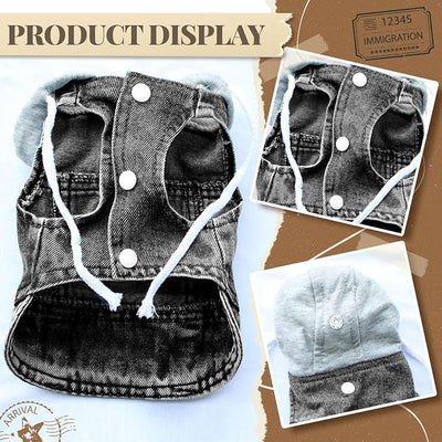 Cool Dog Jean Jacket Vest with D-Ring Black Denim Dogs Hoodies Outfits for Small Medium Dogs Cats Boy Male Dog Clothes Costume Dogggie Puppy Harness Coat for Frenchie Walking(Grey Hat,L)