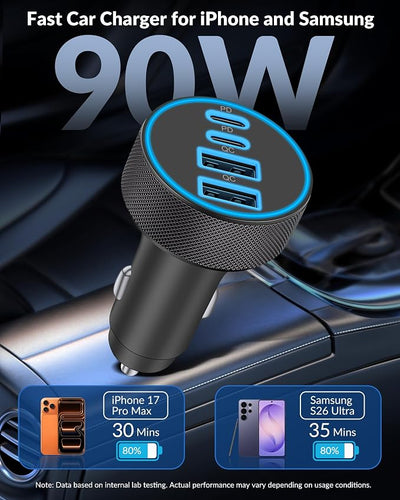 for iPhone 17 16 15 Pro Max Car Charger, 2-Pack 90W 4-Port Car Charger USB C Fast Charge Cigarette Lighter Adapter Accessories with 240W 3FT USB C Cable for iPhone 17/17 Pro/Air/16/15 Pro Max, Android